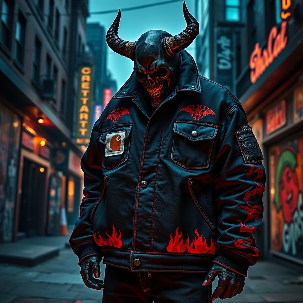 An edgy and unique jacket designed as a fictional collaboration between a dark, mythical figure represented as Satan and Carhartt, infused with urban Detroit aesthetics