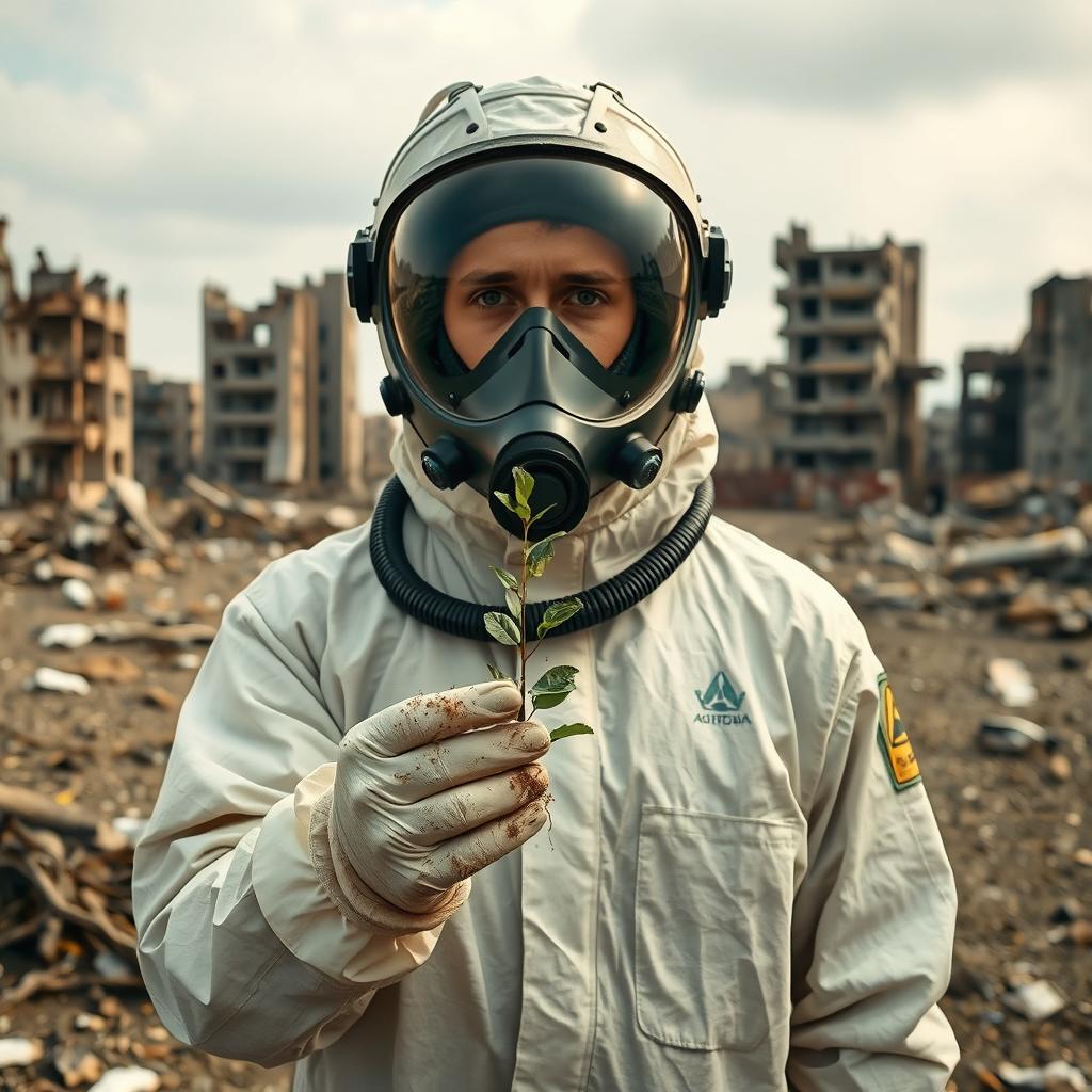 A person in a post-apocalyptic world, outfitted in a full chemical and gas protection suit