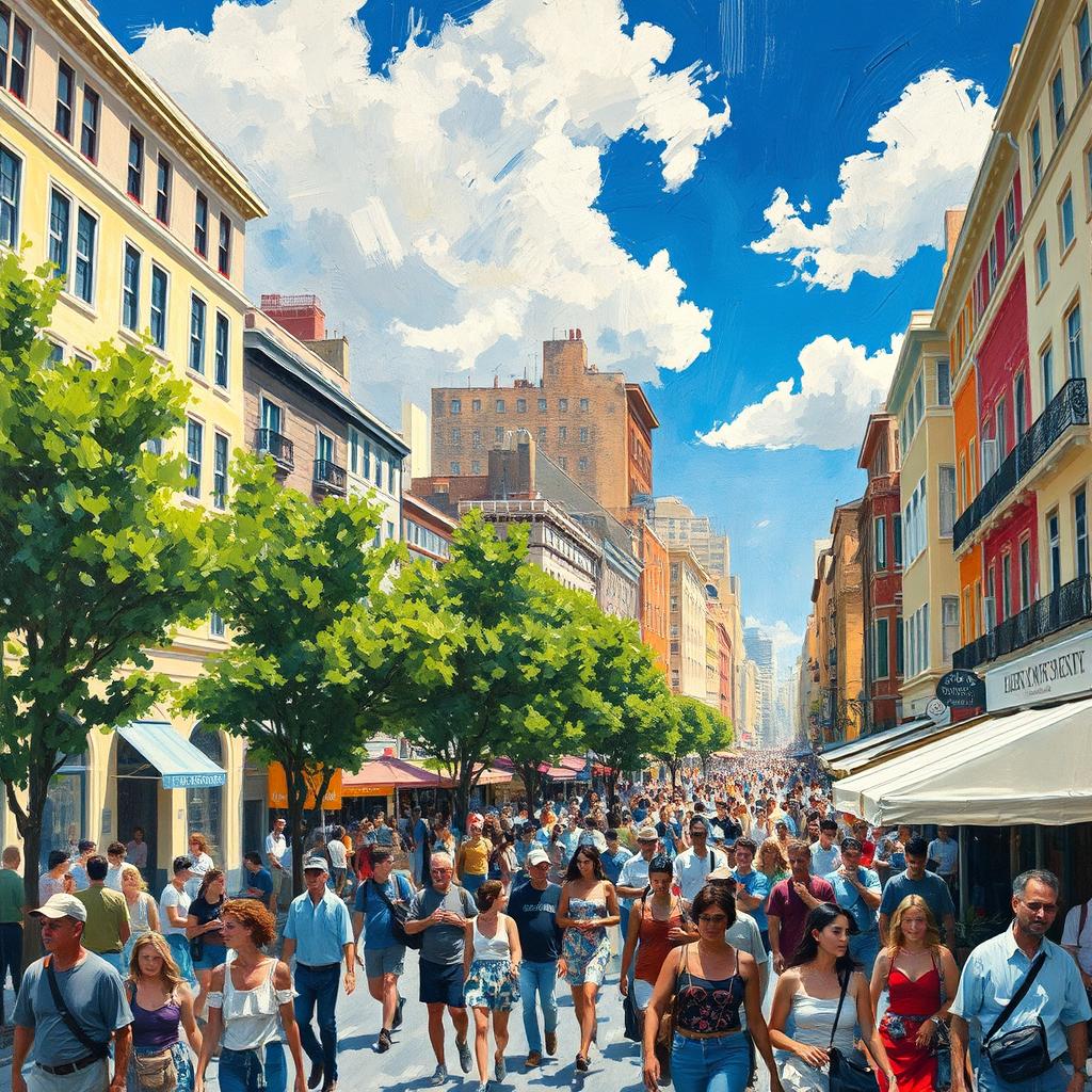 An impressionist painting capturing a vibrant and bustling cityscape during the day