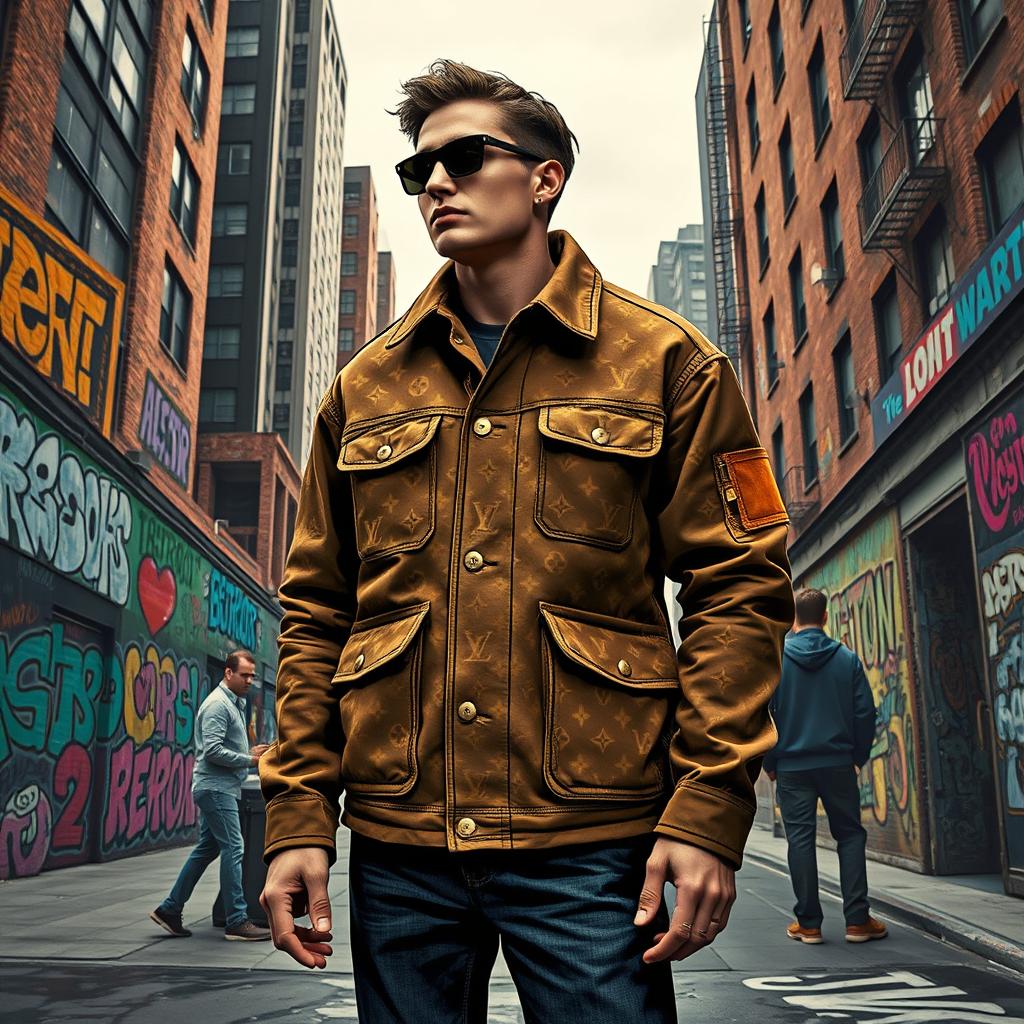 An exclusive jacket designed as a collaboration between Louis Vuitton and Carhartt, embodying the fusion of luxury and rugged workwear with a Detroit flair