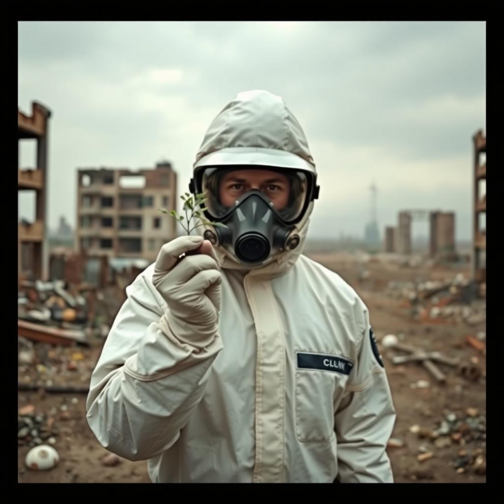 A person in a post-apocalyptic world, dressed in a full chemical and gas protection suit
