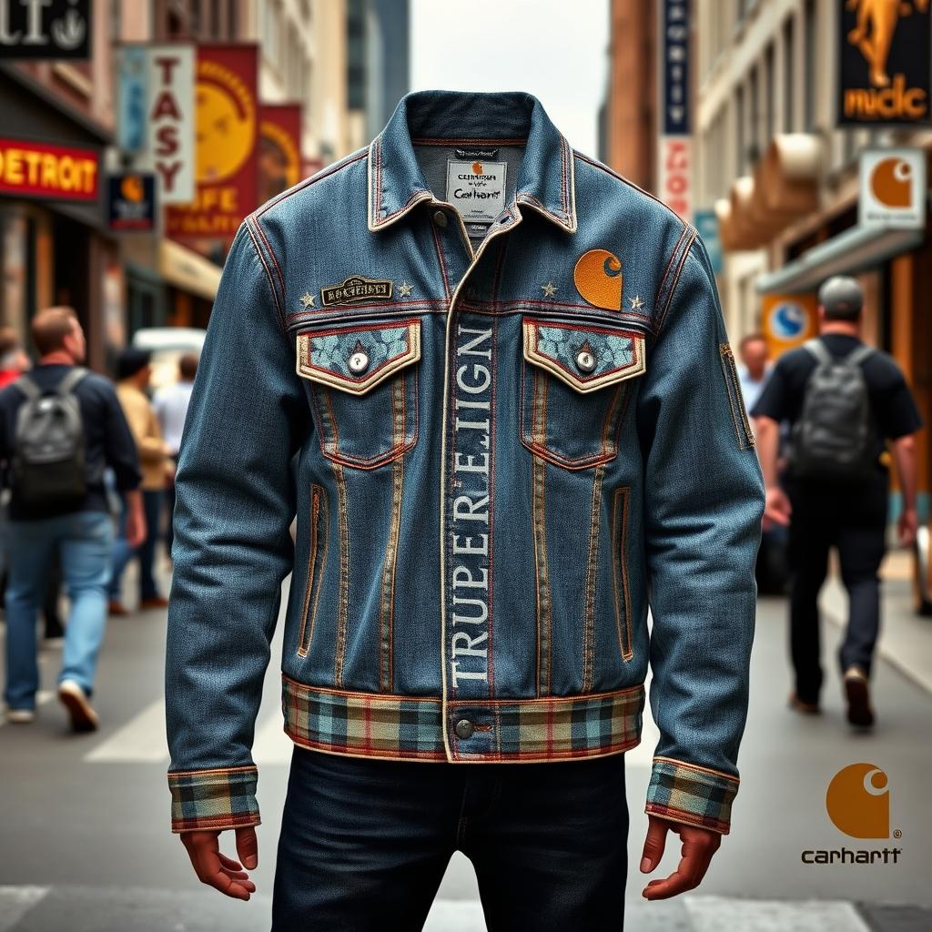 A stylish jacket created as a collaboration between True Religion and Carhartt, embodying a blend of luxury denim aesthetics and rugged workwear, inspired by Detroit's urban environment