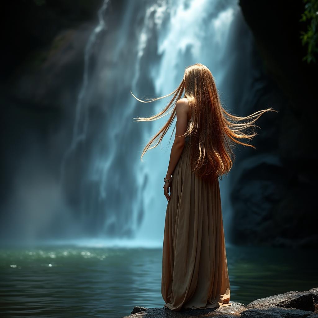 A stunning young woman with flowing, floor-length hair stands at the edge of a serene waterfall, gazing at the cascading water