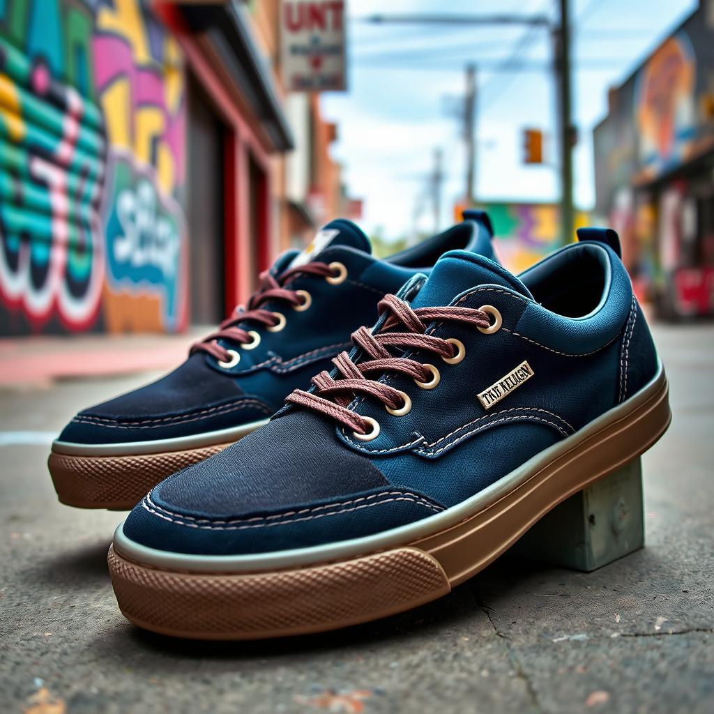 A trendy pair of shoes designed as a collaboration between True Religion and Carhartt, merging high-fashion denim aesthetics with rugged workwear functionality