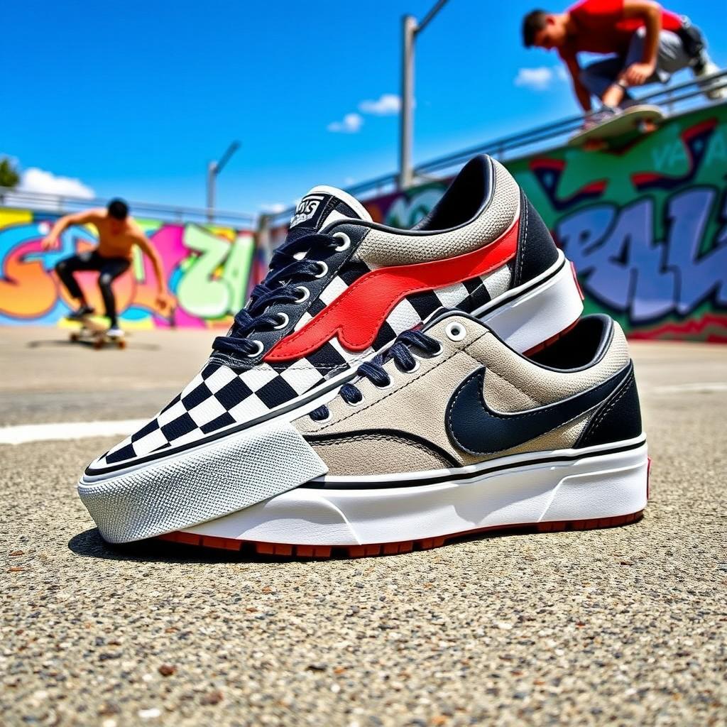 A unique pair of shoes created in a collaboration between Vans and Nike, blending the casual skate style of Vans with the innovative athletic design of Nike