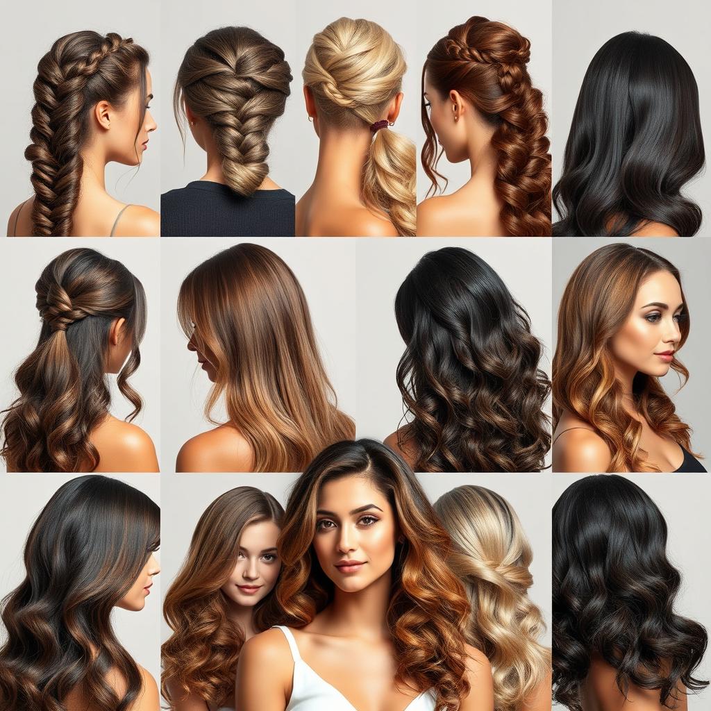A collection of realistic, beautifully styled hairstyles for women, showcasing a variety of textures, lengths, and colors
