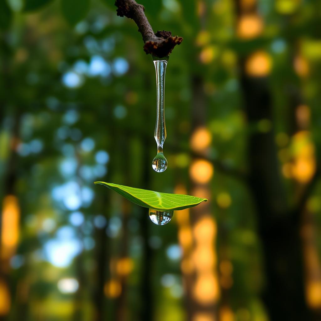 A single crystal-clear water droplet falling gracefully from the edge of a tree branch, suspended in midair for a brief moment, reflecting tiny rainbows within as it catches the soft sunlight