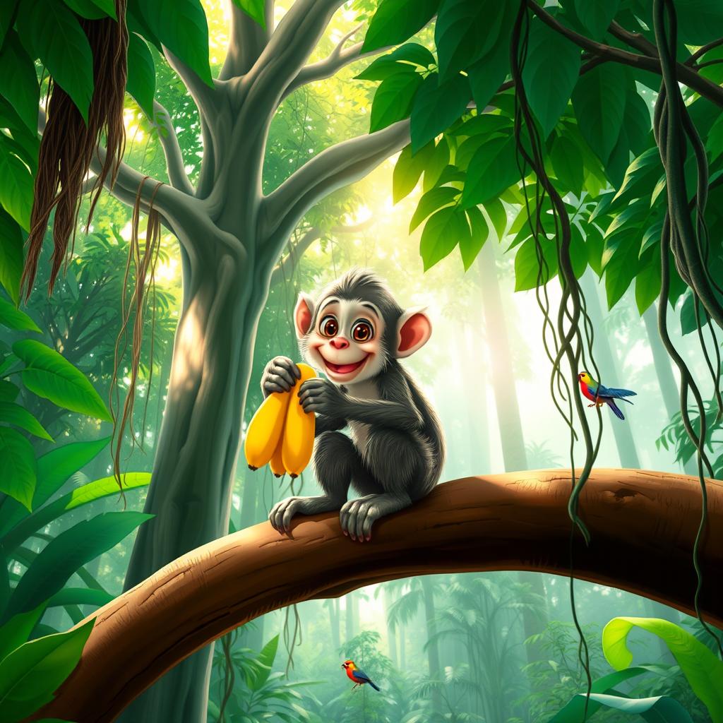 A lively monkey sits on a thick tree branch in the heart of a dense, tropical jungle, happily eating a ripe yellow banana