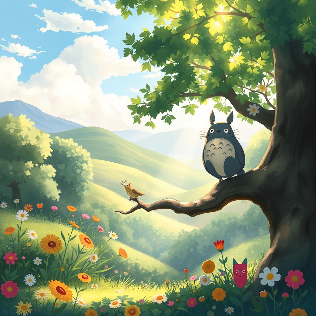 A whimsical landscape featuring a Ghibli-inspired forest scene filled with fantastical creatures and lush vegetation