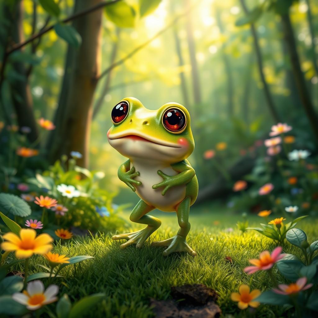 An adorable and cute little frog with big shiny eyes, standing on two legs and playfully walking through a lush green forest
