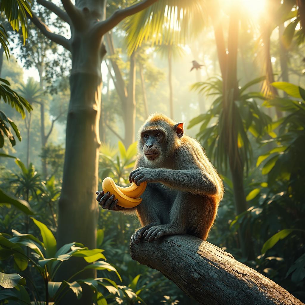 A realistic scene of a monkey sitting on a thick tree branch deep in a vibrant jungle, carefully peeling and enjoying a ripe banana