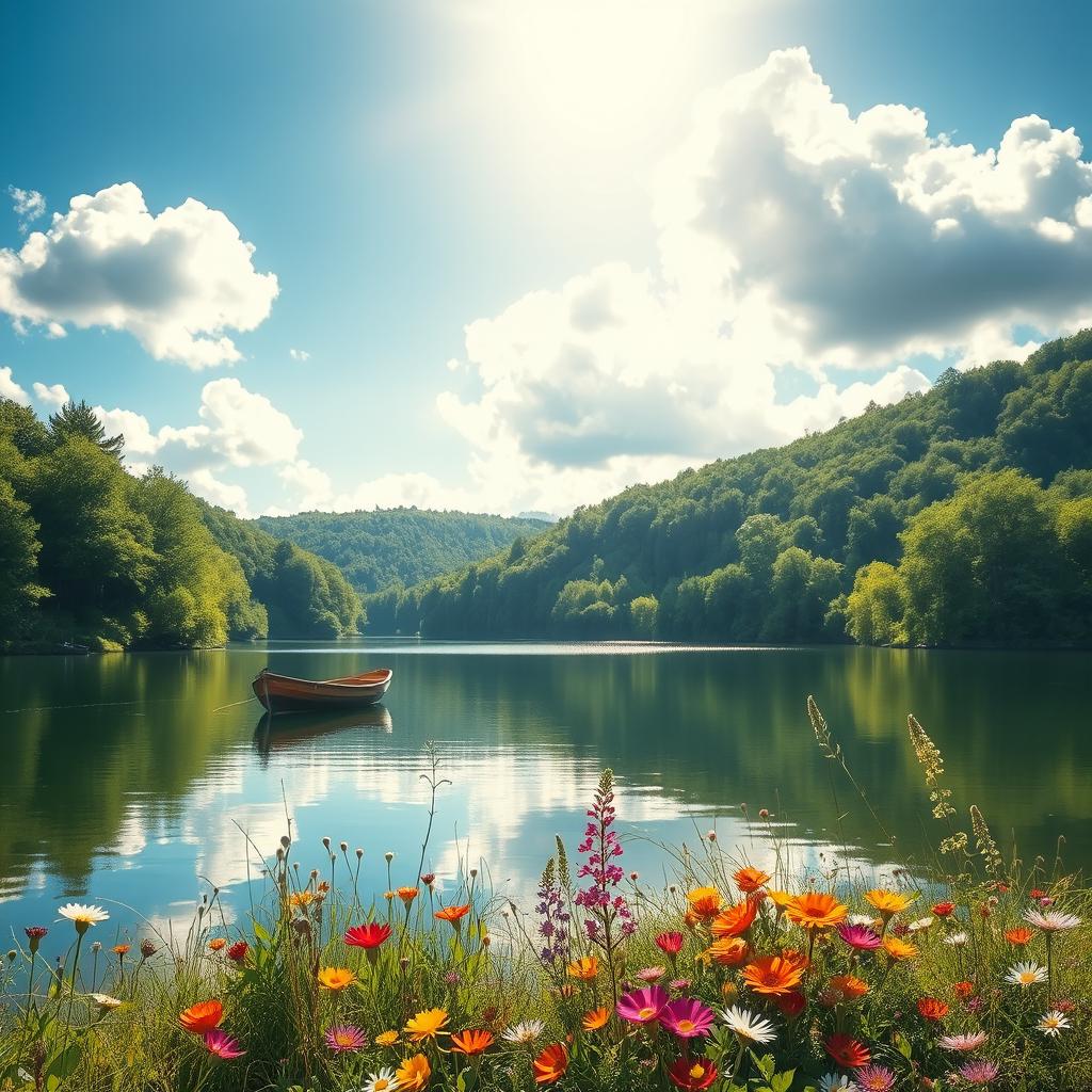 A serene landscape depicting a tranquil lake surrounded by lush green forests under a bright blue sky dotted with fluffy white clouds