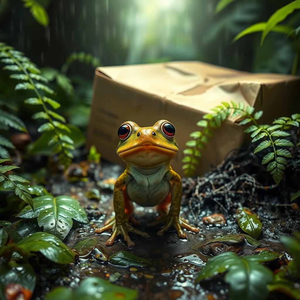 An adorable, cute little frog with shiny eyes, standing on two legs and walking through a lush, rainy forest