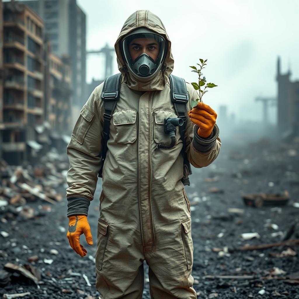 A lone figure in a post-apocalyptic wasteland, dressed in a fully equipped chemical and gas protection suit