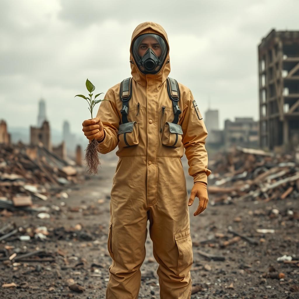 A lone figure in a post-apocalyptic wasteland, clad in a fully equipped chemical and gas protection suit