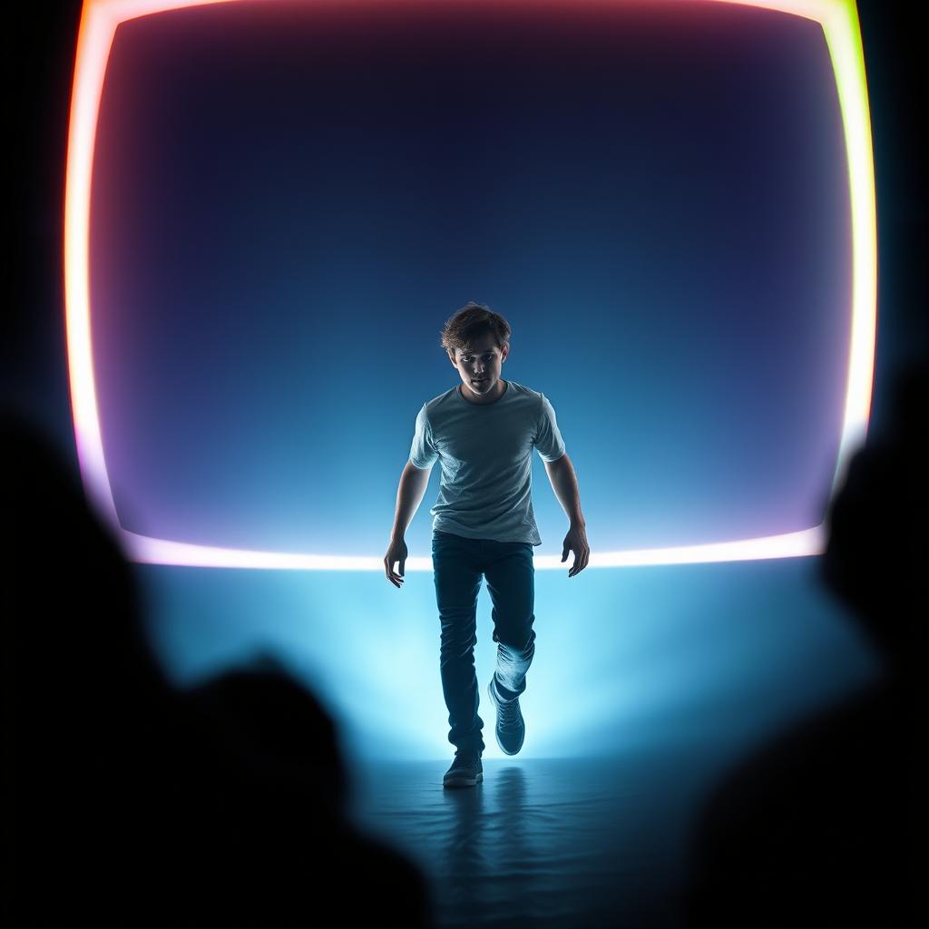 A young man walking through a luminous portal that resembles a large TV screen, the scene is almost dark with only the glow of the portal illuminating his figure, creating a mysterious and magical atmosphere