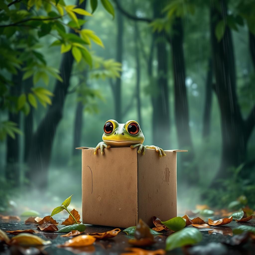 A cute little frog with shiny, expressive eyes, standing on two legs and walking through a lush, rainy forest