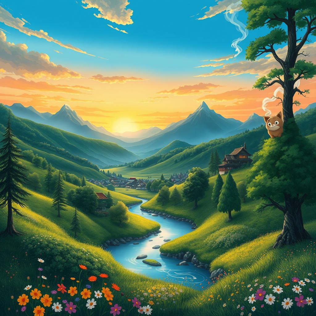 A breathtaking fantasy landscape inspired by Studio Ghibli, featuring a lush green valley outlined by distant mountains