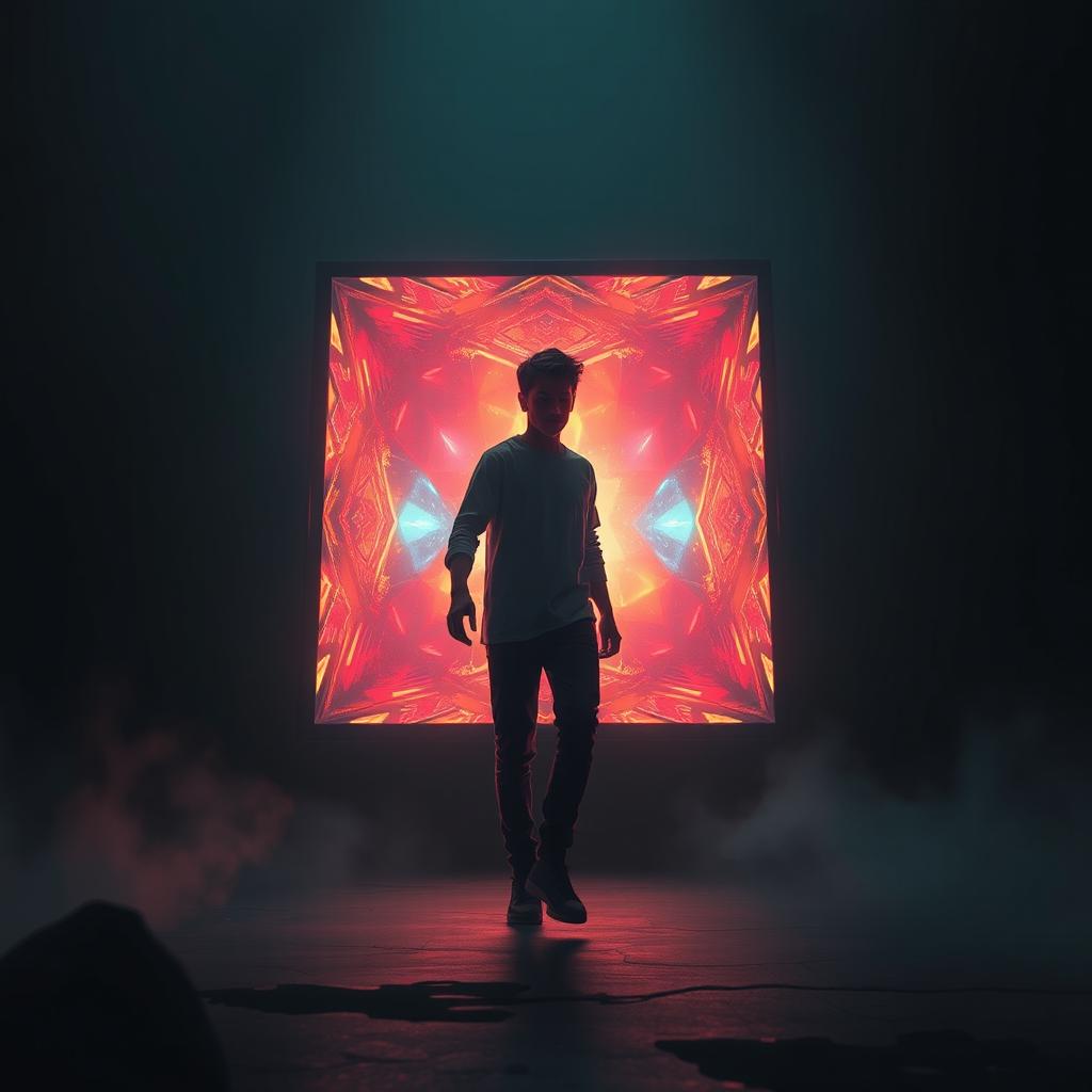A young man stepping through a large, luminous four-dimensional cube portal, the scene is rendered in a dark ambiance where the portal emits bright, glowing light