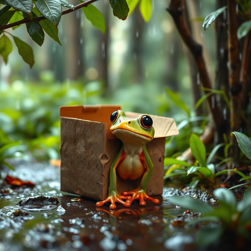 An adorable little frog with shiny eyes is standing on two legs, curiously looking at a dirty cardboard box nestled in a rainy forest setting