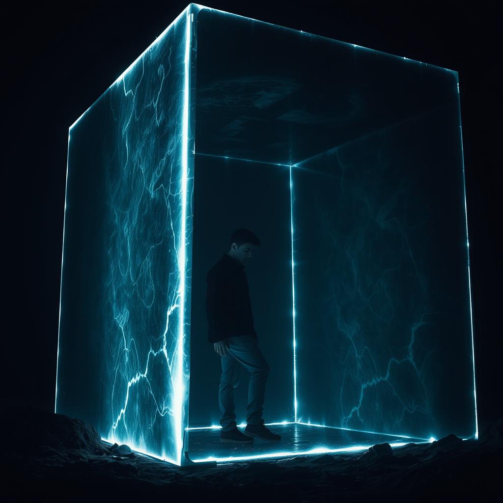 A young man stepping through a large, dark four-dimensional cube portal with luminous edges, the scene is nearly dark, highlighting the brilliance of the glowing edges of the cube