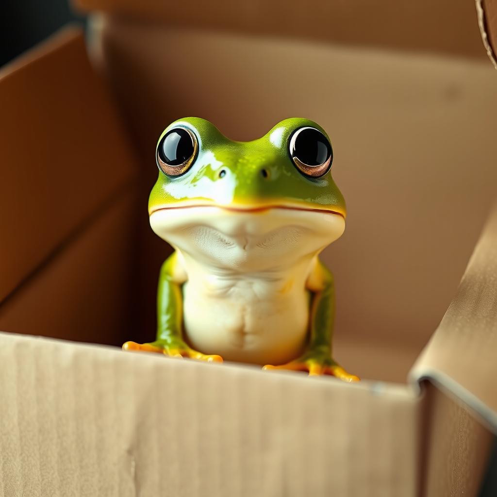 An adorable, cute little frog with shiny eyes standing upright on its two legs inside a brown cardboard box