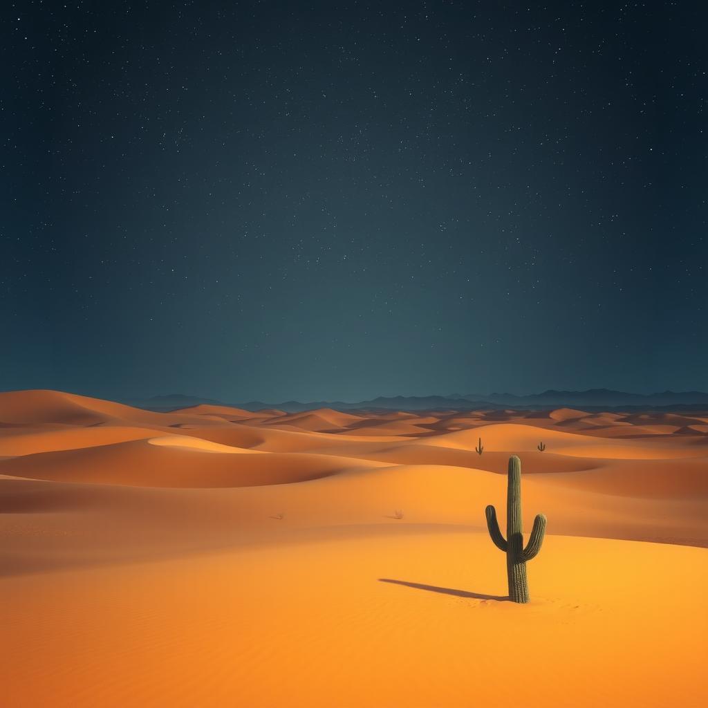 A calm desert landscape under a soft, dark sky filled with shimmering stars, gentle rolling hills in the distance