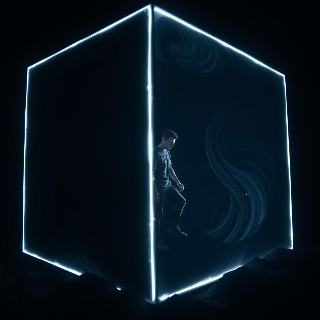 A young man stepping through a large, dark four-dimensional cube portal with luminous edges, the scene is nearly dark, emphasizing the brilliance of the glowing edges of the cube