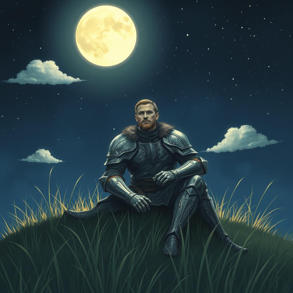 A peaceful scene depicting a strong warrior sitting on a quiet hill under the soft light of a full moon