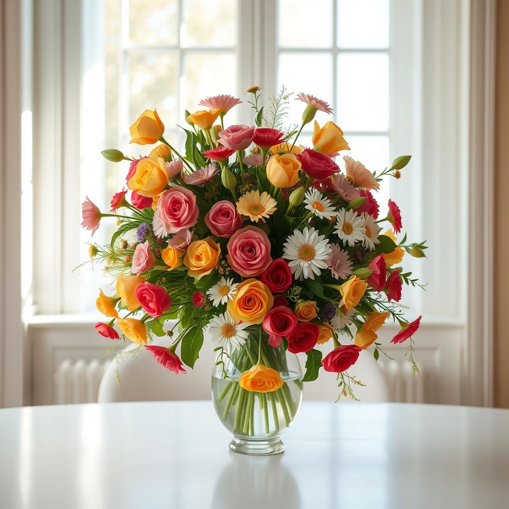 A stunning, realistic representation of a beautiful vase filled with an abundance of colorful flowers, including roses, tulips, and daisies, sitting elegantly on a pristine white table