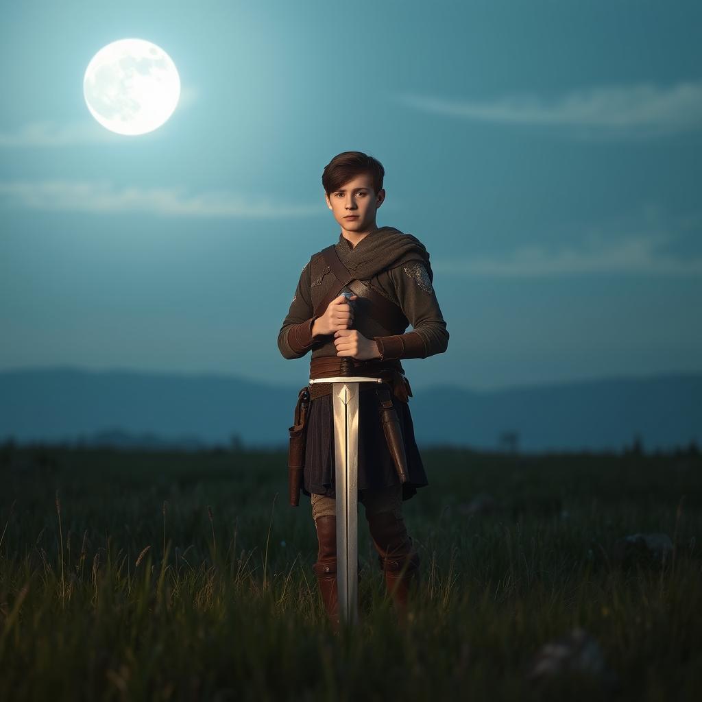 A young warrior standing in a soft, moonlit meadow, gently holding his sword