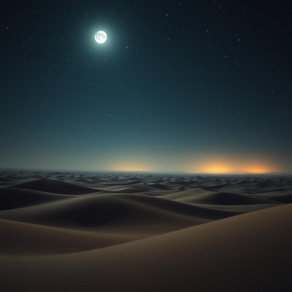 A calm desert landscape under a soft, dark sky filled with shimmering stars