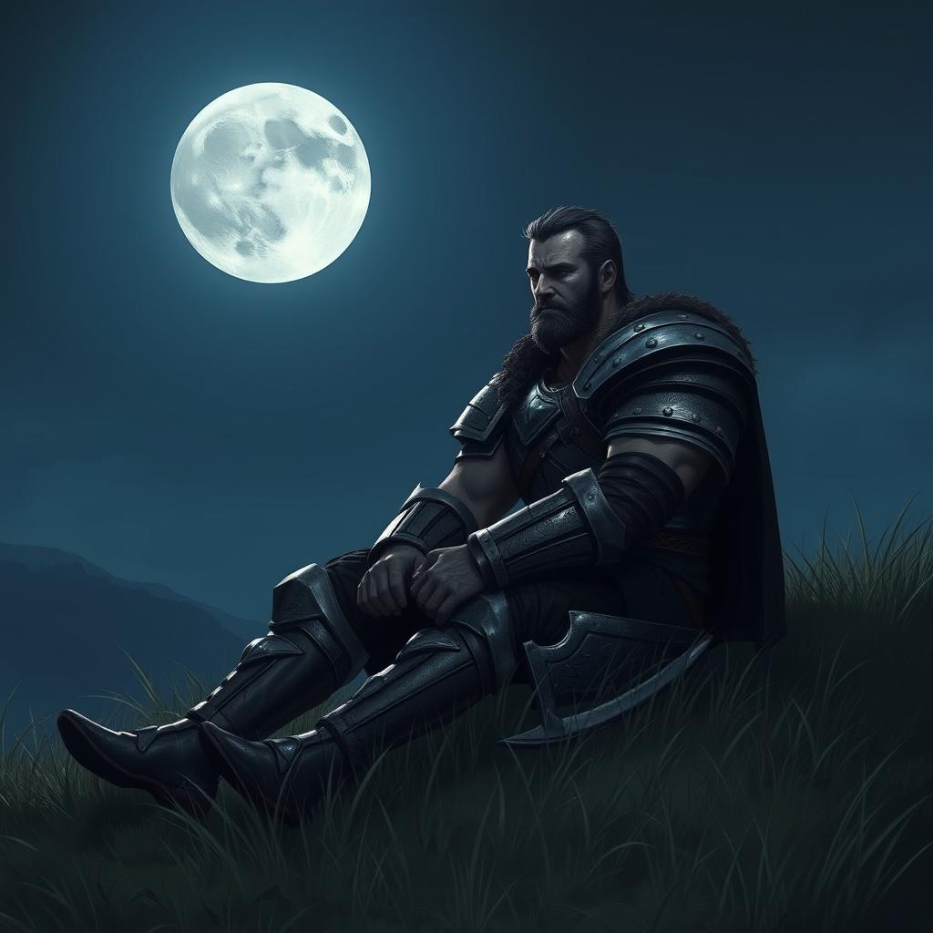 A serene scene depicting a strong warrior seated peacefully on a quiet hill under the full moon's gentle glow