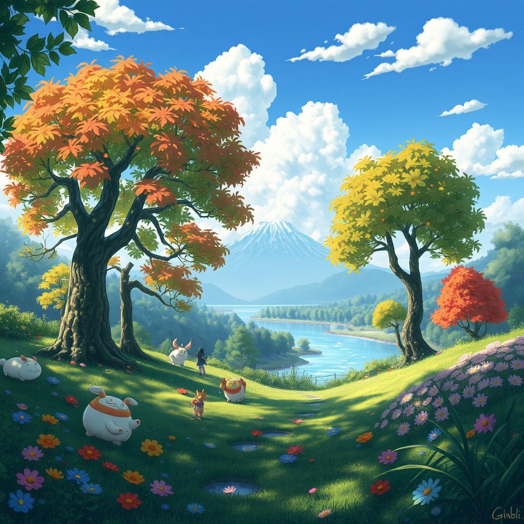 A magical forest scene inspired by Studio Ghibli, featuring whimsical creatures, enchanting trees with vibrant leaves, and soft, colorful flowers scattered on the ground