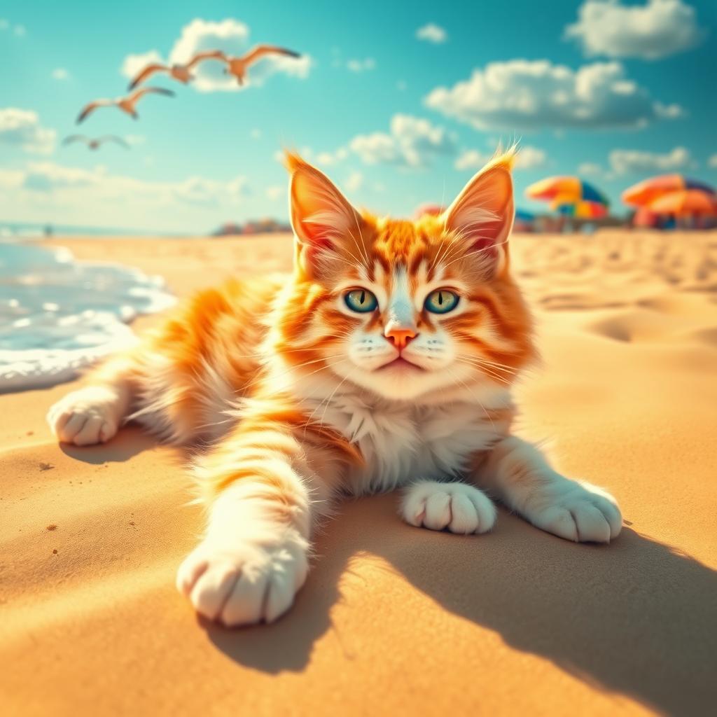 A playful, fluffy cat lounging on a sunny beach, surrounded by soft golden sand and gentle ocean waves lapping at the shore