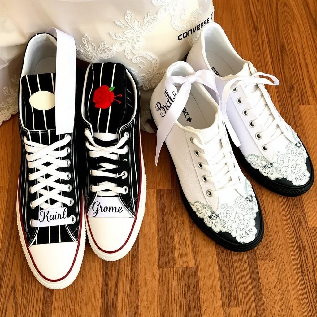 Customized wedding Converse shoes with a mafia theme for both the groom and bride