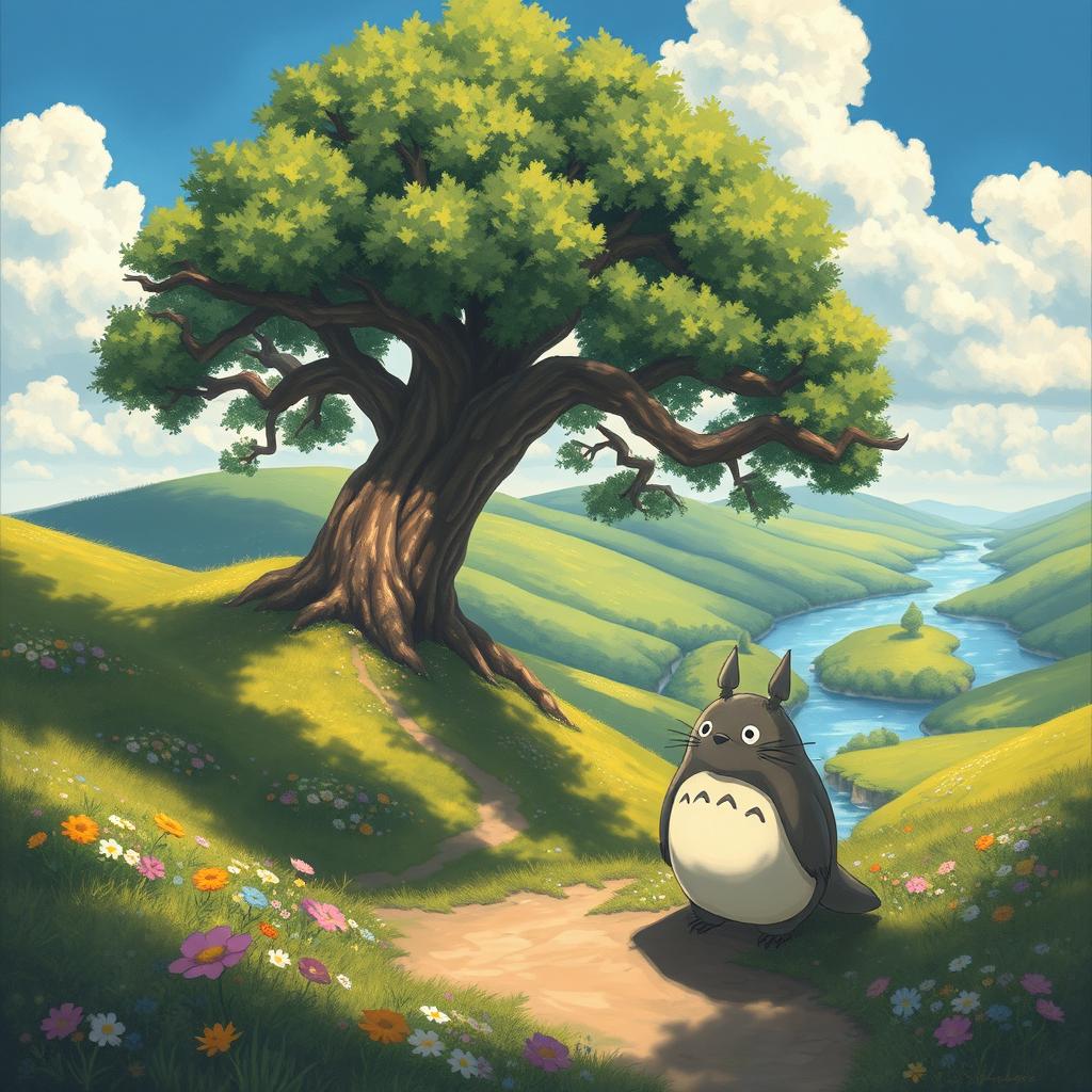 A fantastical landscape painted in the whimsical and enchanting style of Studio Ghibli, featuring lush, rolling hills dotted with vibrant wildflowers, a serene river winding its way through the scene, and fluffy white clouds floating against a bright blue sky