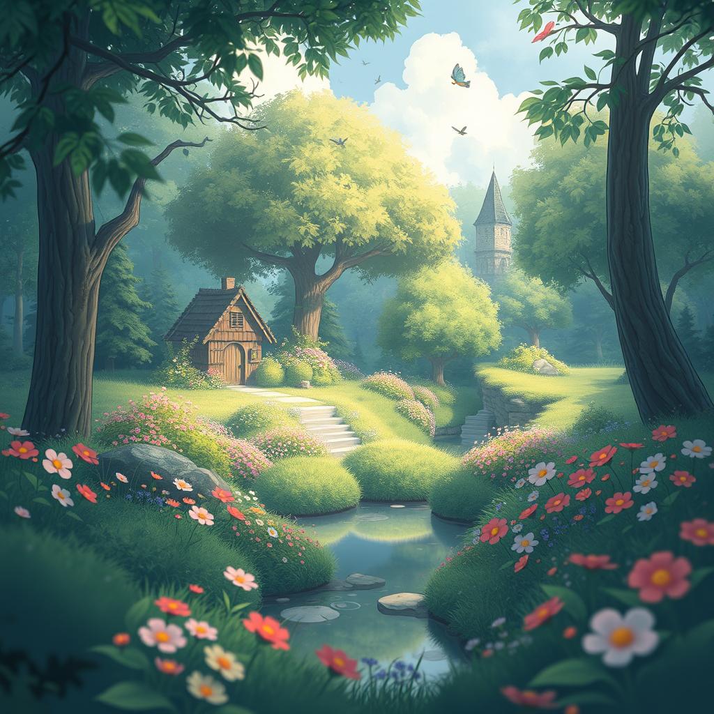 A whimsical scene inspired by Studio Ghibli, showcasing a lush, enchanted forest filled with vibrant greenery and colorful flowers