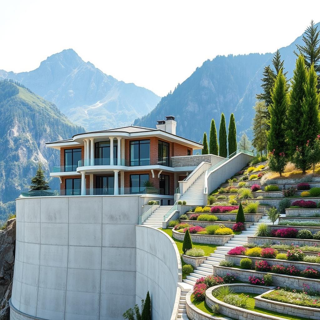 A luxurious two-story house situated on a 4-meter high concrete wall, nestled at the foothills of tall mountains