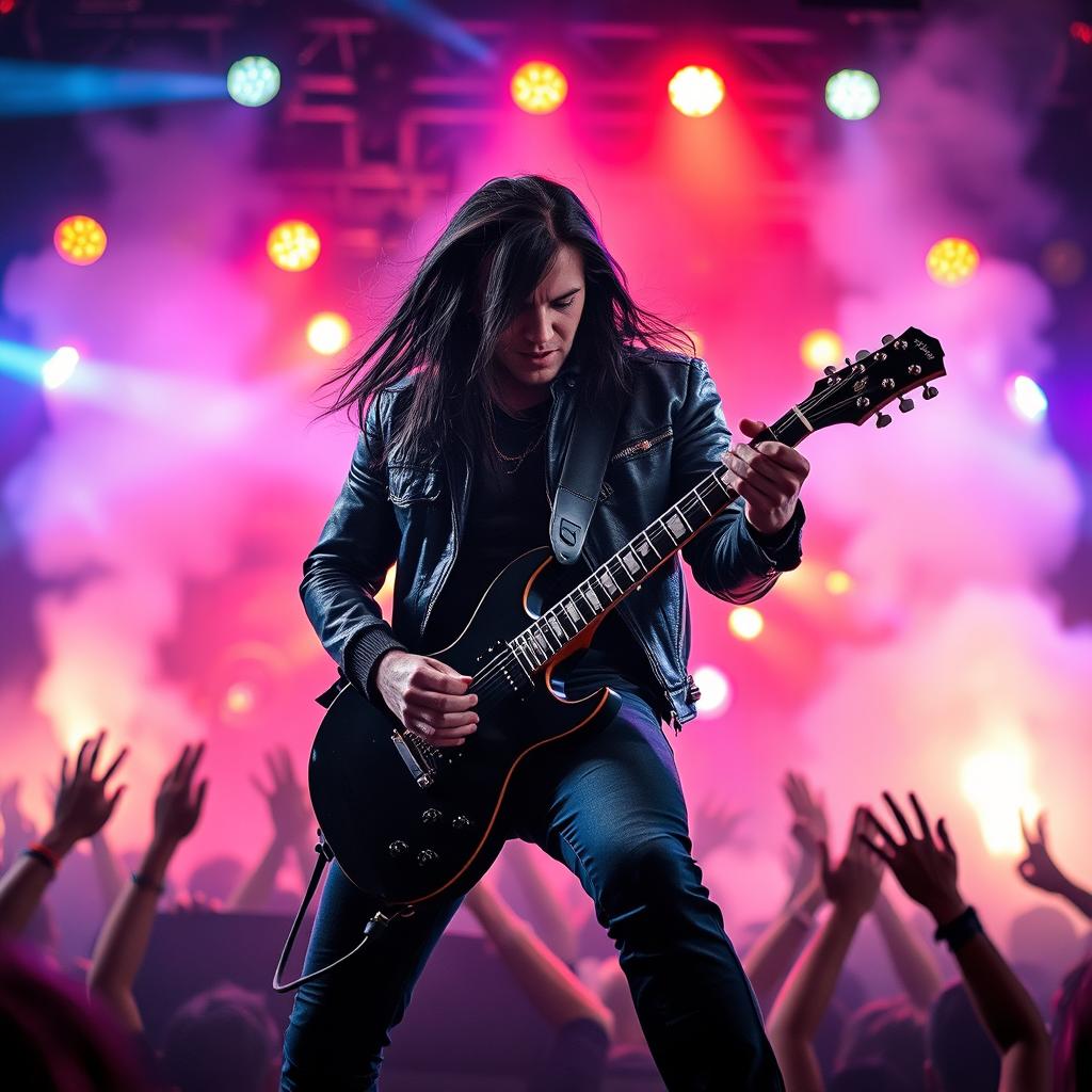 A striking image of a powerful rock guitarist in the middle of an electrifying performance on stage