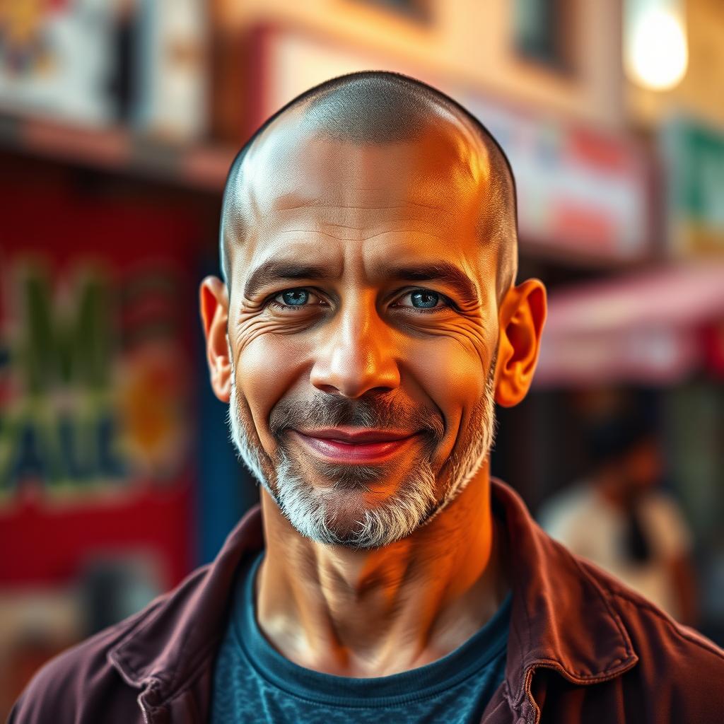 A portrait of a Latin man in his 40s with a shaved head and a shallow beard, showcasing a charismatic and confident expression