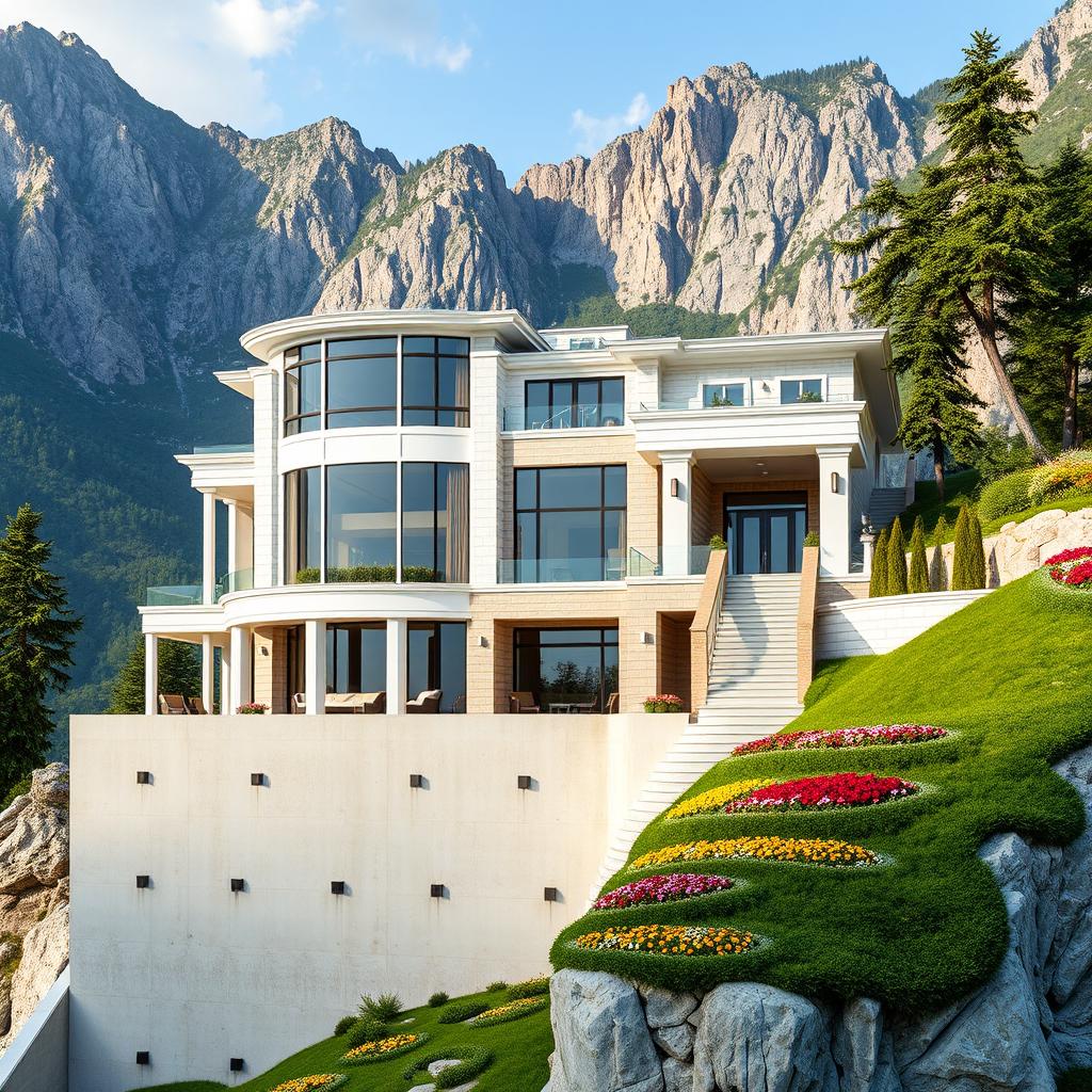 A luxurious two-story house located at the foothills of tall mountains, sitting on a 4-meter-high concrete wall