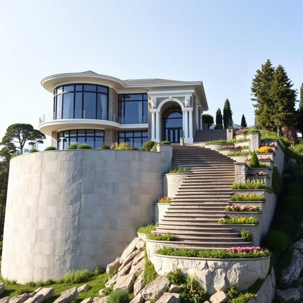 A luxurious two-story house located on a mountain slope, positioned atop a 4-meter tall concrete wall