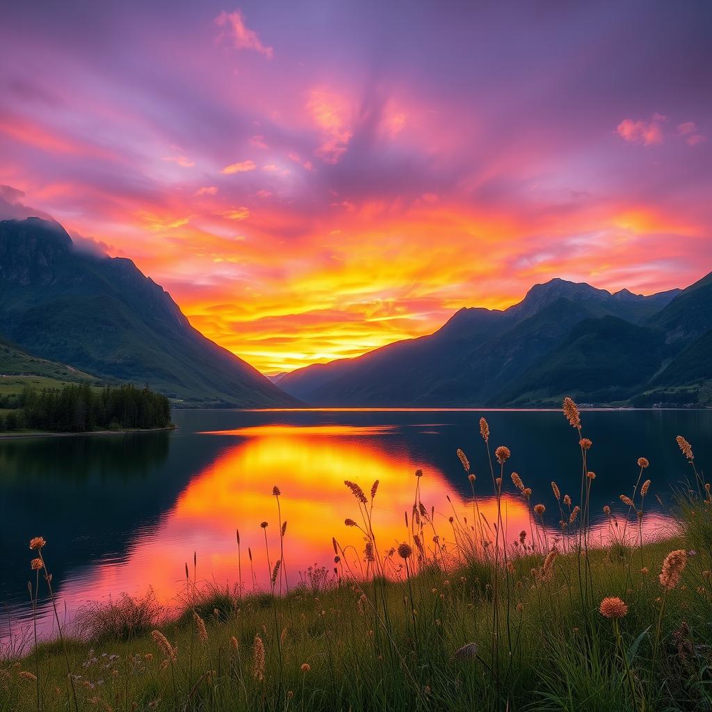A stunning landscape featuring a vibrant sunset over a serene lake, surrounded by majestic mountains and lush greenery