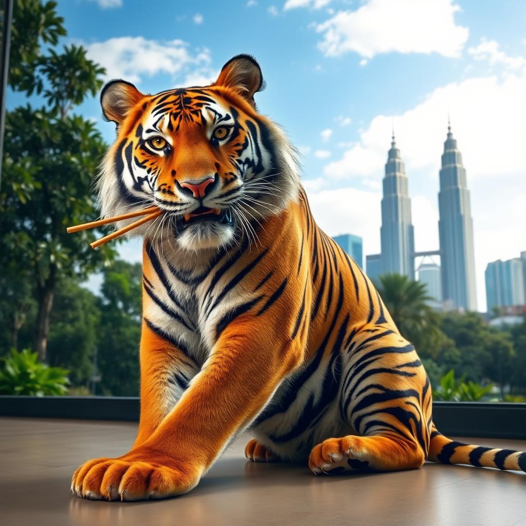 A majestic tiger sitting on the floor, playfully holding a pair of chopsticks in its mouth as if it's about to eat