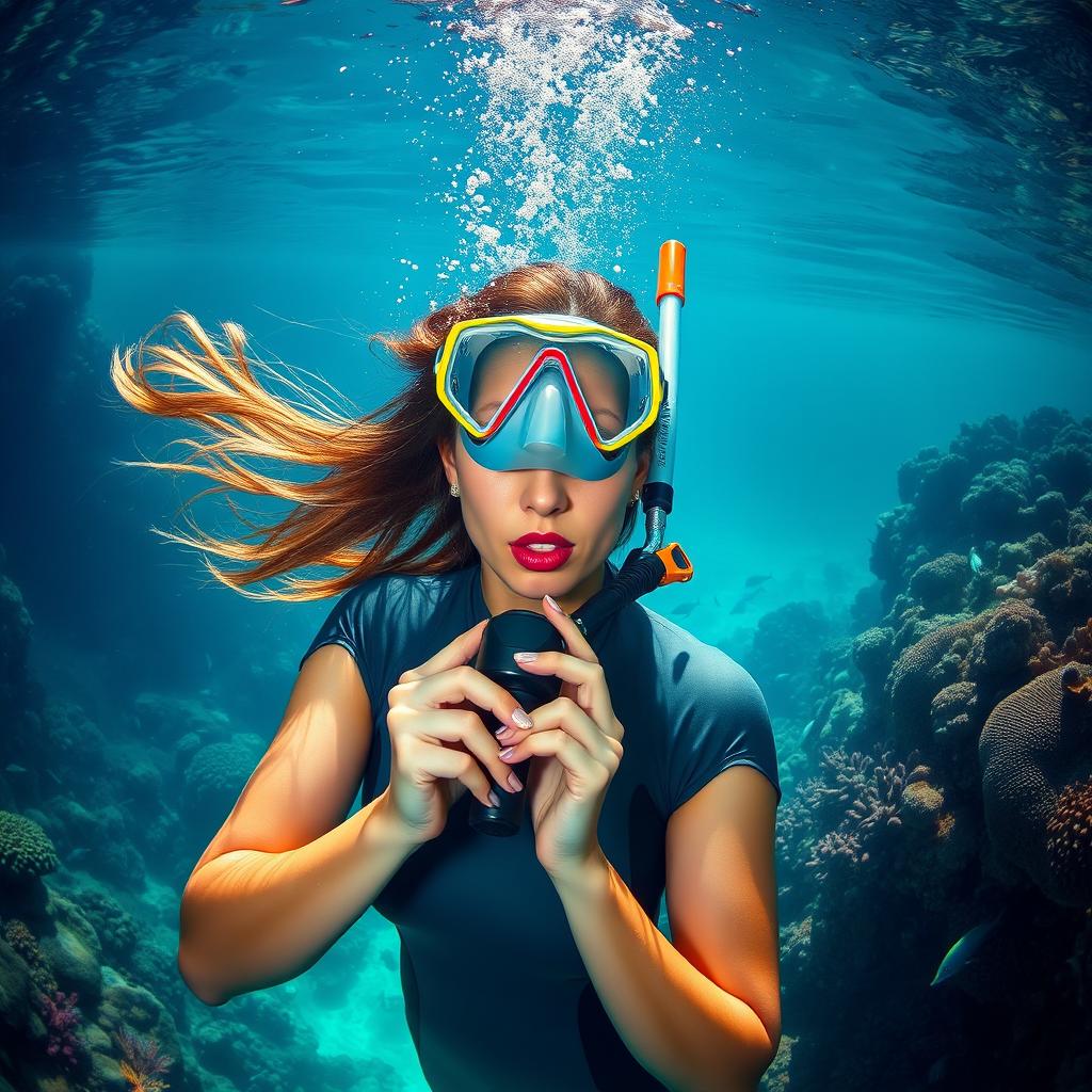 A beautiful woman in a vibrant underwater scene, wearing a sleek scuba diving suit and a colorful snorkel mask