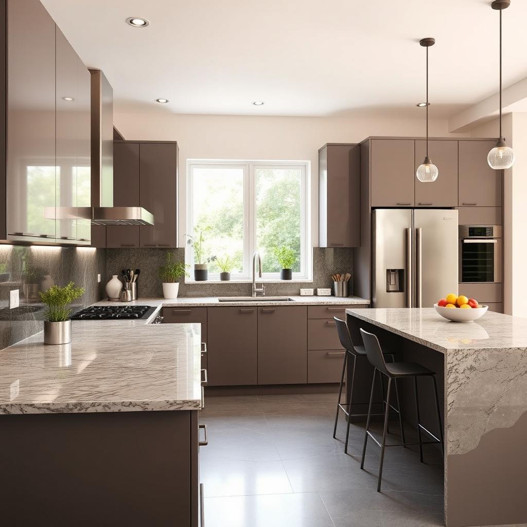 A modern and stylish kitchen salon featuring sleek, contemporary cabinets, an island with bar stools, and a large window letting in natural light