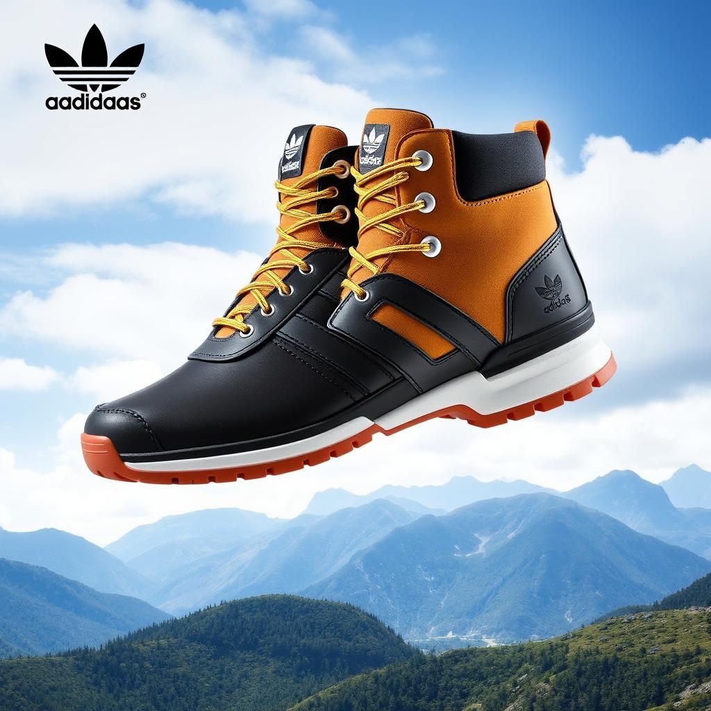A striking pair of boots resulting from the collaboration between Adidas and Timberland, showcasing a fusion of Adidas' sporty aesthetics and Timberland's rugged durability