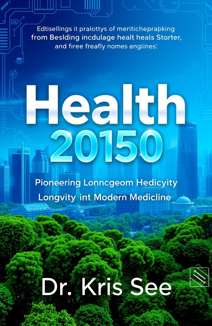 A striking book cover design for 'Health 2050: Pioneering Longevity in Modern Medicine' by Dr