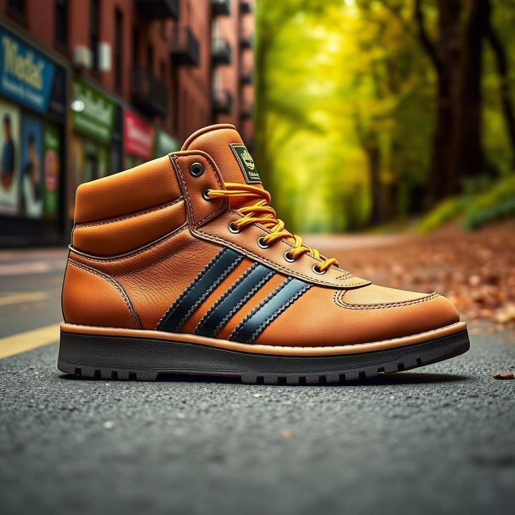 A distinctive pair of boots resulting from the collaboration between Adidas Samba and Timberland, merging the classic soccer-inspired design of Adidas Samba with Timberland's rugged outdoor style